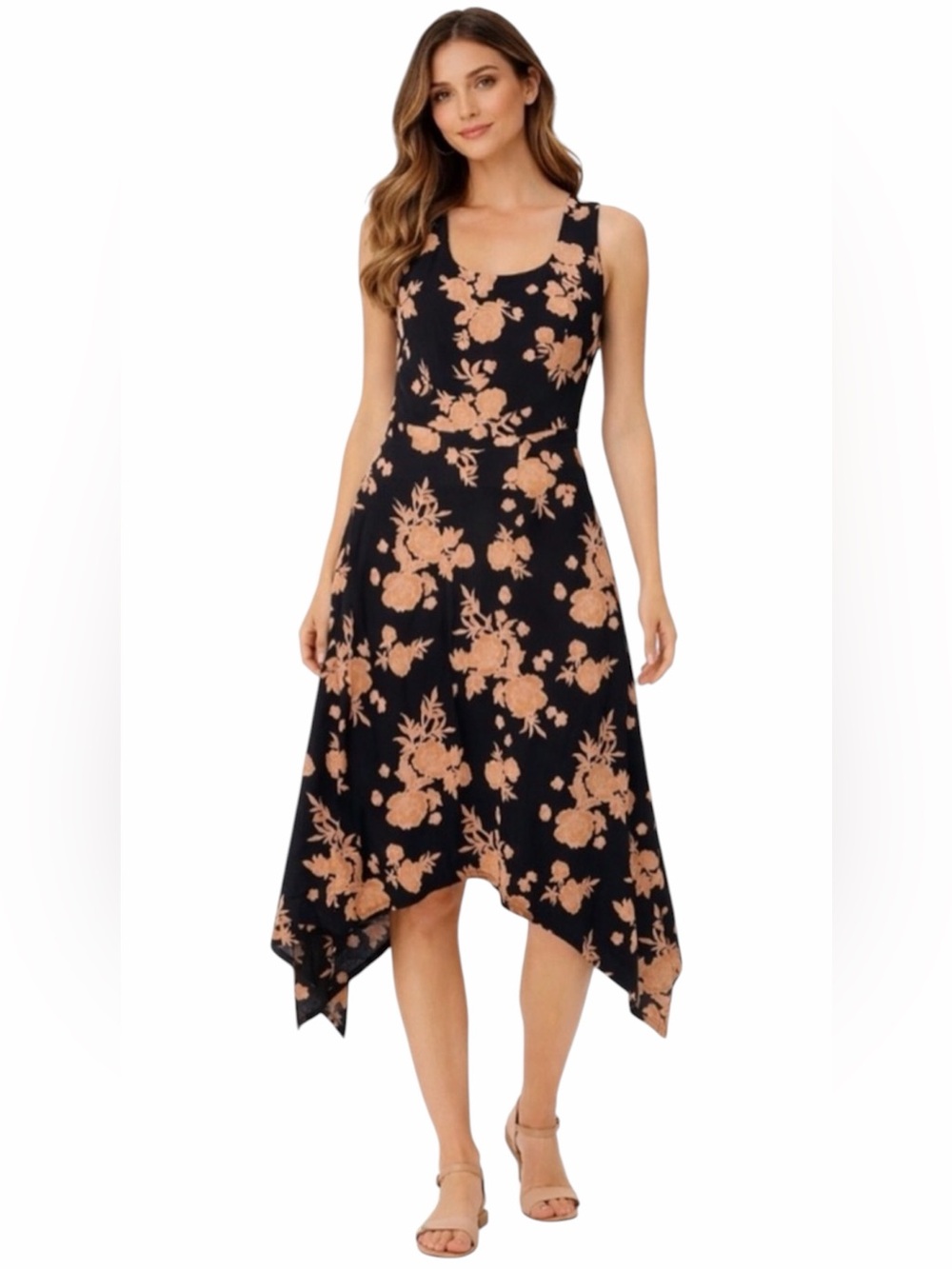 Pact Black Floral High-Low Dress with Peach Print